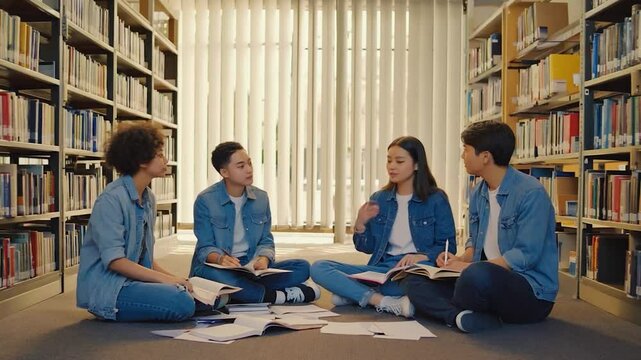 Students discussing in library