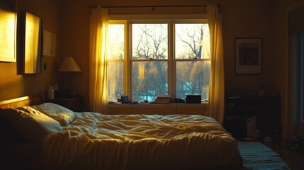 Obraz premium A bedroom with a large window filled with morning sunlight