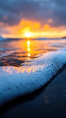 Close Up of Ocean Wave Foam at Sunset