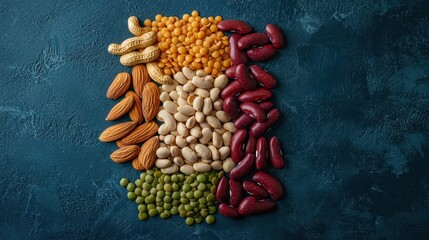 An artistic arrangement of various nuts and legumes displayed in rows on a textured blue surface, showcasing vibrant colors and diverse textures.