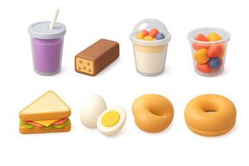 3D icon set of breakfast café foods: pancakes, waffle, scrambled eggs, bacon strip, toast with jam, breakfast sandwich, fruit bowl, hash browns. 3d icon. icons set of 3d style in a modern design.