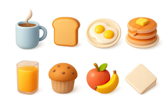 3D icon set of breakfast café foods: pancakes, waffle, scrambled eggs, bacon strip, toast with jam, breakfast sandwich, fruit bowl, hash browns. 3d icon. icons set of 3d style in a modern design.