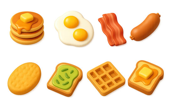 3D icon set of breakfast café foods: pancakes, waffle, scrambled eggs, bacon strip, toast with jam, breakfast sandwich, fruit bowl, hash browns. 3d icon. icons set of 3d style in a modern design.