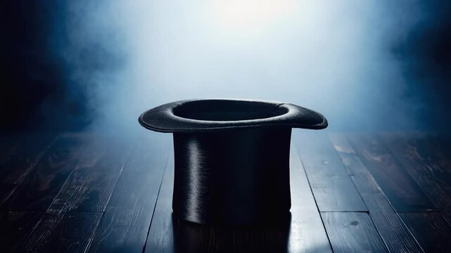 Empty top hat on dark wood floor with smoky background for magic show