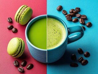 Split View Matcha Latte with Coffee Beans and Macarons
