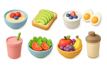 3D icon set of healthy breakfast items: avocado toast, oatmeal, fruit salad, yogurt, eggs, smoothie, chia seeds, nuts. 3d icon