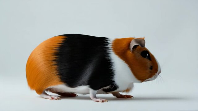 Guinea pig looks up against a white background.