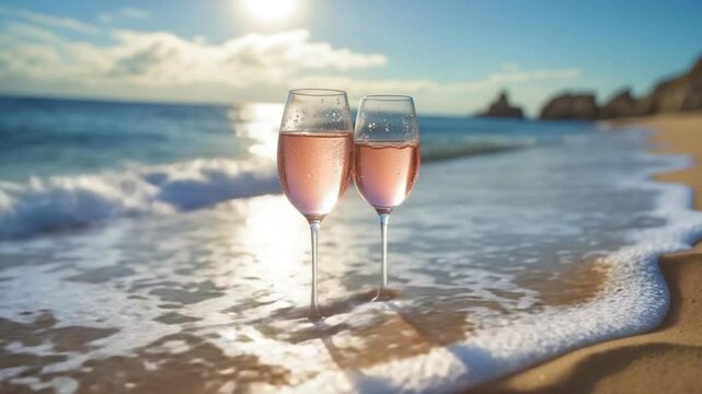 Summer time, two cool glasses of ros&eacute; wine on the sandy beach, sunny day.