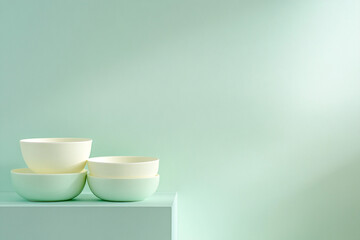 Fototapeta premium Stacked creamy white and mint green bowls resting on a pale green surface, evoking a sense of calm and serenity against a soft, light background.