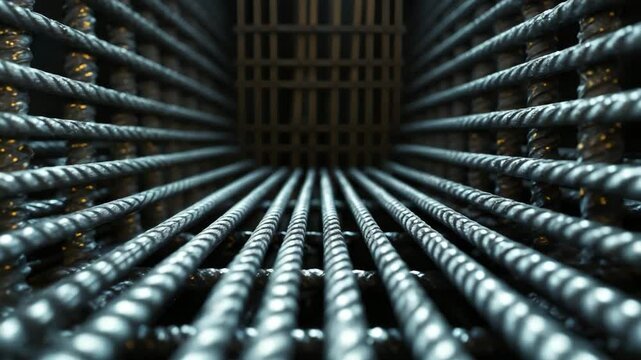 Steel wire mesh piles. welded wire mesh utilized in floor construction, structural supports of a building, or panels. seen from above in natural light. Selective focus. pouring concrete.