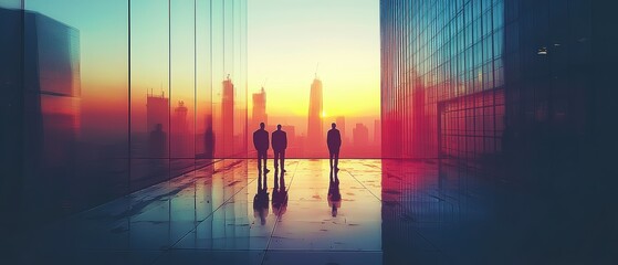 Fototapeta premium Professionals analyzing project in urban setting sunset view business meeting modern environment