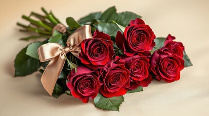 A romantic bouquet of red roses adorned with a silk bow, lying gently on a soft beige background, its vivid colors contrasting beautifully.