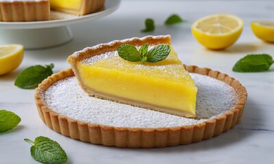 Slice of lemon tart adorned with mint on a powdered sugar-dusted base