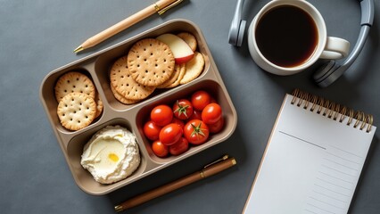 Healthy snack break with coffee and notebook featuring crackers and fresh vegetables