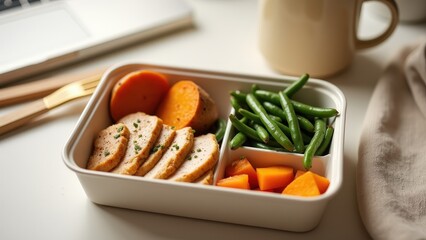 Healthy lunchbox with sliced chicken, sweet potatoes, green beans, and coffee mug