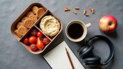 Lunchbox snack: hummus, crackers, tomatoes, coffee, apple, headphones, notebook