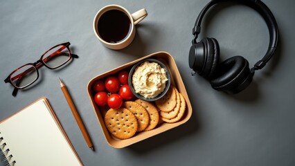 Snack break: coffee, crackers, tomatoes, hummus, notebook, headphones, glasses, pencil