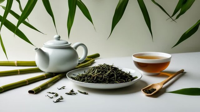 Bamboo surface featuring a teapot and a cup of herbal green tea against a table backdrop.