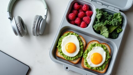 Healthy lunchbox with avocado toast and raspberries next to headphones