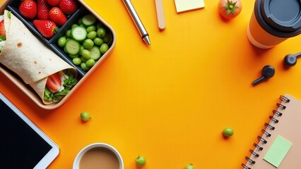 Healthy lunch on vibrant desk with wraps, fruits, and stationery items