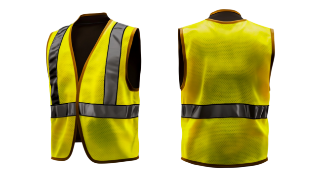 Safety vest high visibility reflective workwear construction traffic personal protective equipment apparel isolated on a transparent background.