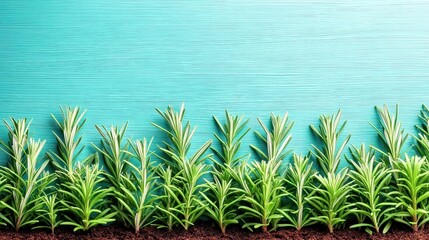 Vibrant Green Rosemary Sprigs on Teal Wooden Background