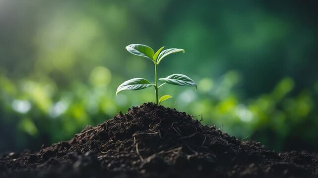 Tiny plant situated atop a mound of soil
