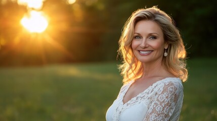 A smiling woman poses in nature with golden sunlight behind her