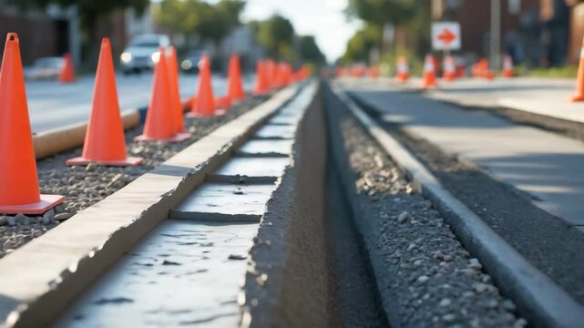 Public works sidewalk project includes newly poured concrete, gravel strip, and safety cones to separate the street, along with construction signs