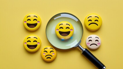 Finding Joy Amidst Mixed Emotions: A magnifying glass reveals a cheerful smiley face amongst other less happy ones, on a sunny yellow background.