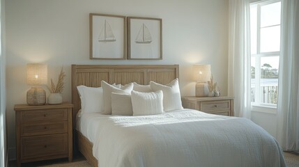 A cozy bedroom decorated with neutral tones and nautical artwork
