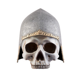 Human skull with medieval knight helmet isolated on white background
