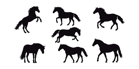 Vector Pack: Different Horse Silhouettes on White Background.
