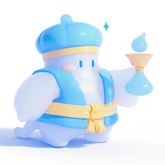 Cute character in blue outfit holding a potion, white isolated background.