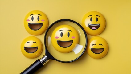 Finding Joy: A magnifying glass reveals a cheerful emoji amongst a group of happy faces on a sunny yellow background.