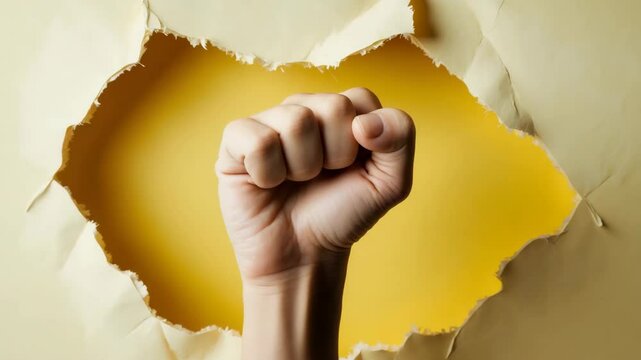 woman's fist punching through paper on a yellow backdrop