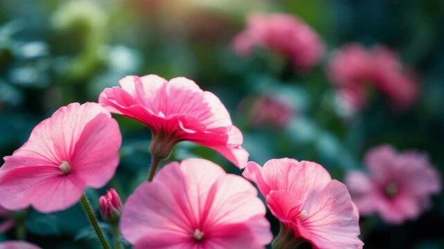 Pink geranium flowers in sunlight. Charming small bloom. Floral arrangement. Close-up view.