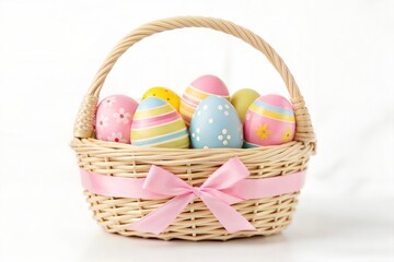 Wicker Easter basket with colorful pastel decorated eggs and pink bow, isolated on white background, festive holiday design perfect for greeting cards, seasonal decor, and celebration visuals