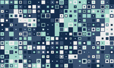 Abstract geometric pattern of varied sized squares in teal, navy, and white.  Ideal for backgrounds, website design, or modern tech concepts.