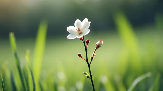 Delicate blossoms on a thin branch surrounded by blurred green grass.