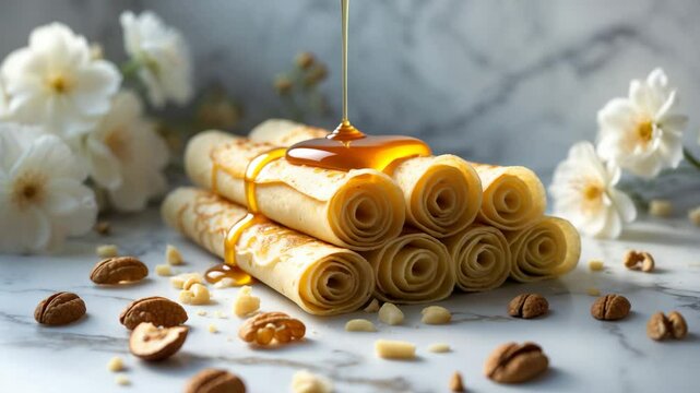 Crepes or thin pancakes drizzled with honey and topped with nuts against a white marble backdrop. Traditional cuisine idea.