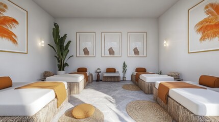 Fototapeta premium Spa room with massage beds, orange accents, artwork, plants, for wellness or relaxation concepts