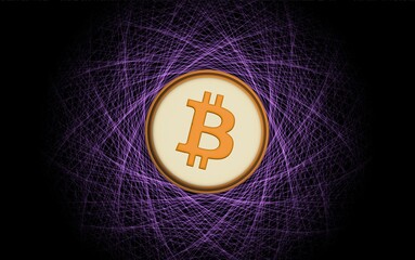 images of the bitcoin-btc logo on a digital background. 3d illustrations.