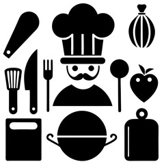 Cooking Pot, Steaming Bowl, Pizza Oven – Black and White Food Industry Icons..