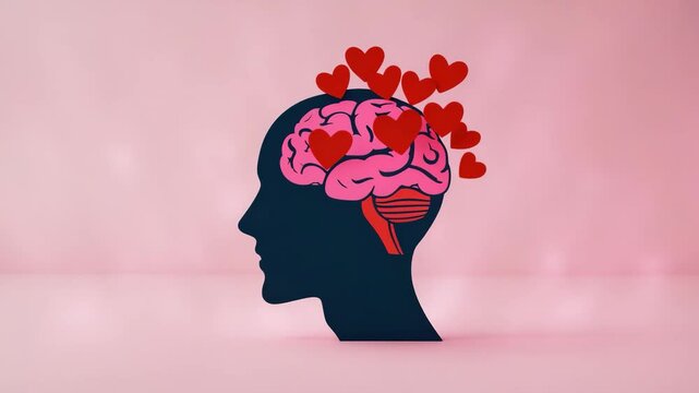 Icon of a human head and a brain filled with hearts. Idea of a happy person.