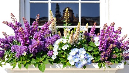 Fototapeta premium Colorful Buddleia, Phlomis, and Bottlebrush in a Window Box