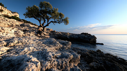 Rocky Coastline With Single Tree At Sunset