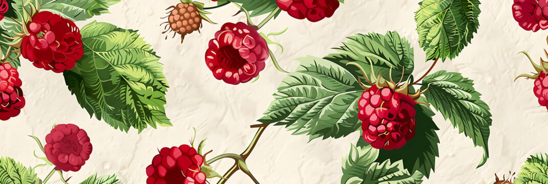 Vintage botanical illustration pattern of ripe red raspberries and green leaves on branches against a textured background. Seamless repeat design element.
