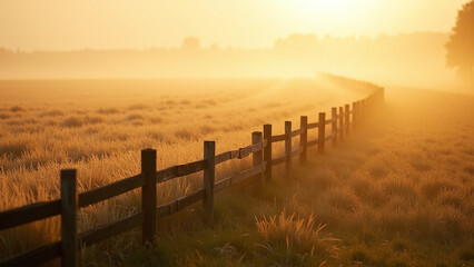 Obraz premium Wooden Fence in Field at Sunrise