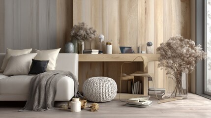 Cozy living room corner with a white sofa, knitted pouf, wooden desk, and dried flowers. Light and airy atmosphere with neutral tones.